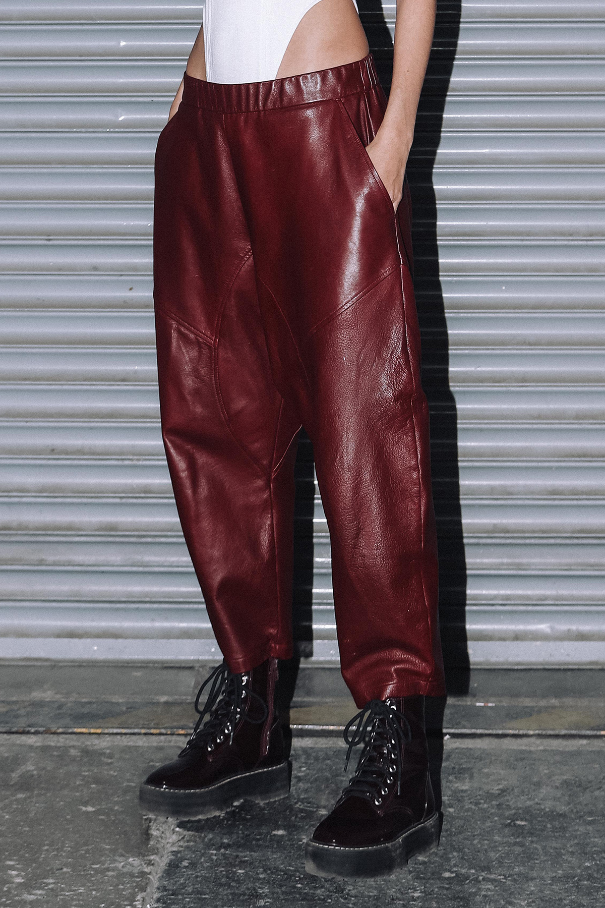 ASOS DESIGN skater fit leather look trousers with zip front in dark red   BURGUNDY  ASOS